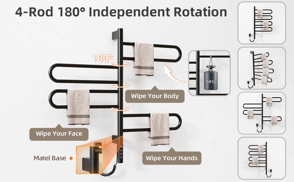 SIOYIE Electric Towel Warmer 180° Rotating Heated Towel Rack With 1-9H Timer 115℉-155℉,90W Wall-Mounted 5 Bars Electric Towel Rail, Concealed Installation,Towel Warmer For Bathroom Black_voghion.com